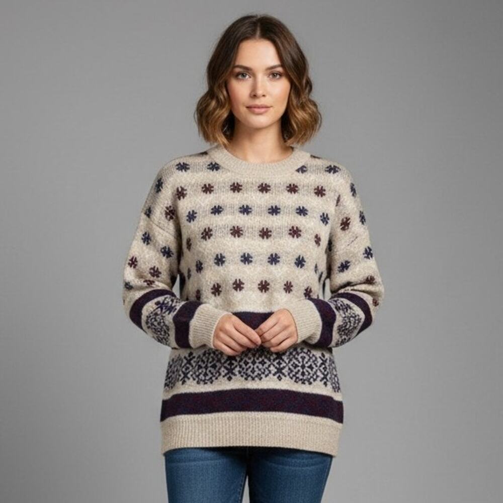VTG Sweater Bazaar Sweater Large Gray Crewneck Snowflakes Knit Coastal Grandma